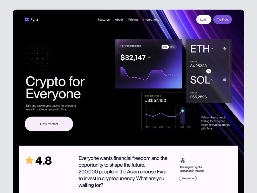 Crypto design of landing page, with glassmorphism