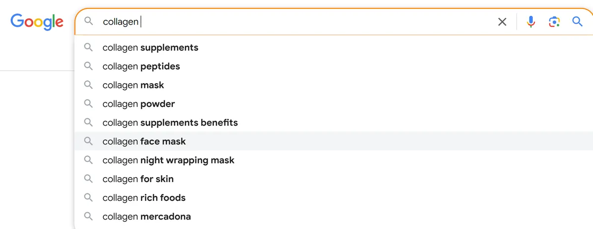 Google search autocomplete - Search term 'Collagen'