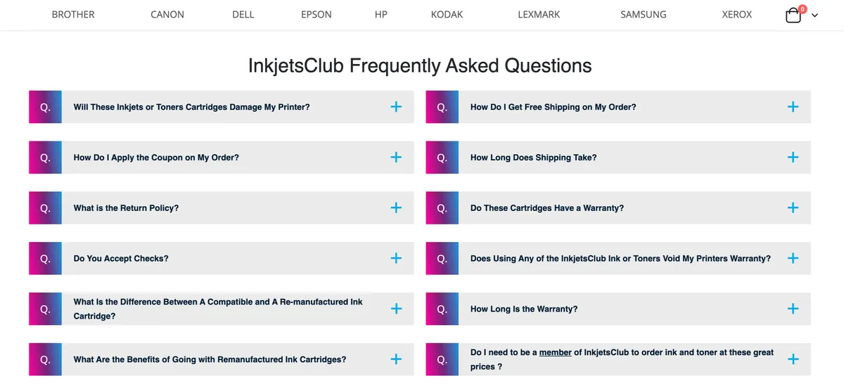 Inkjetsclub's FAQ section screenshot